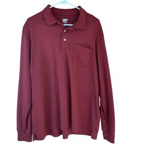 Lands End Mens Long Sleeve Polo Shirt Burgundy Traditional Fit XL Pocket